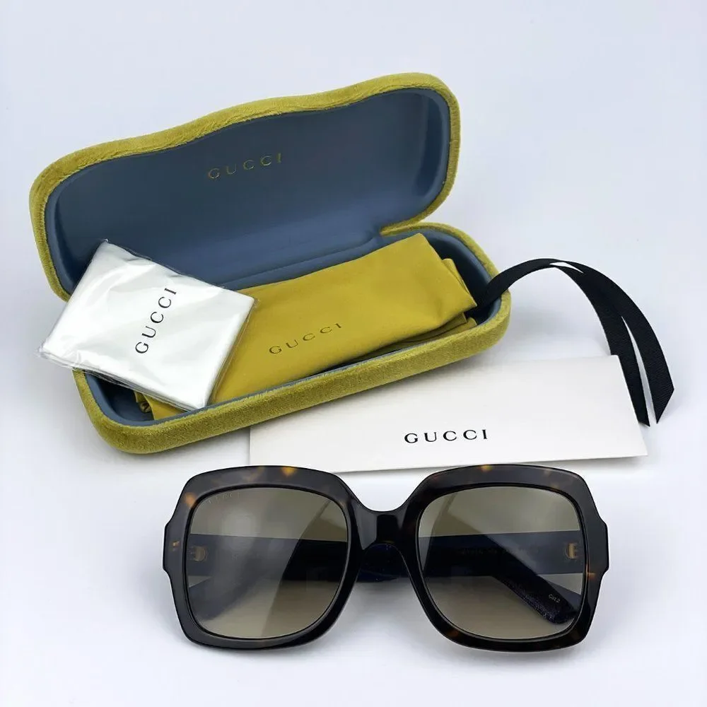 NEW Gucci GG0036SN 004 Havana Blue Brown Gradient Square Women Sunglasses